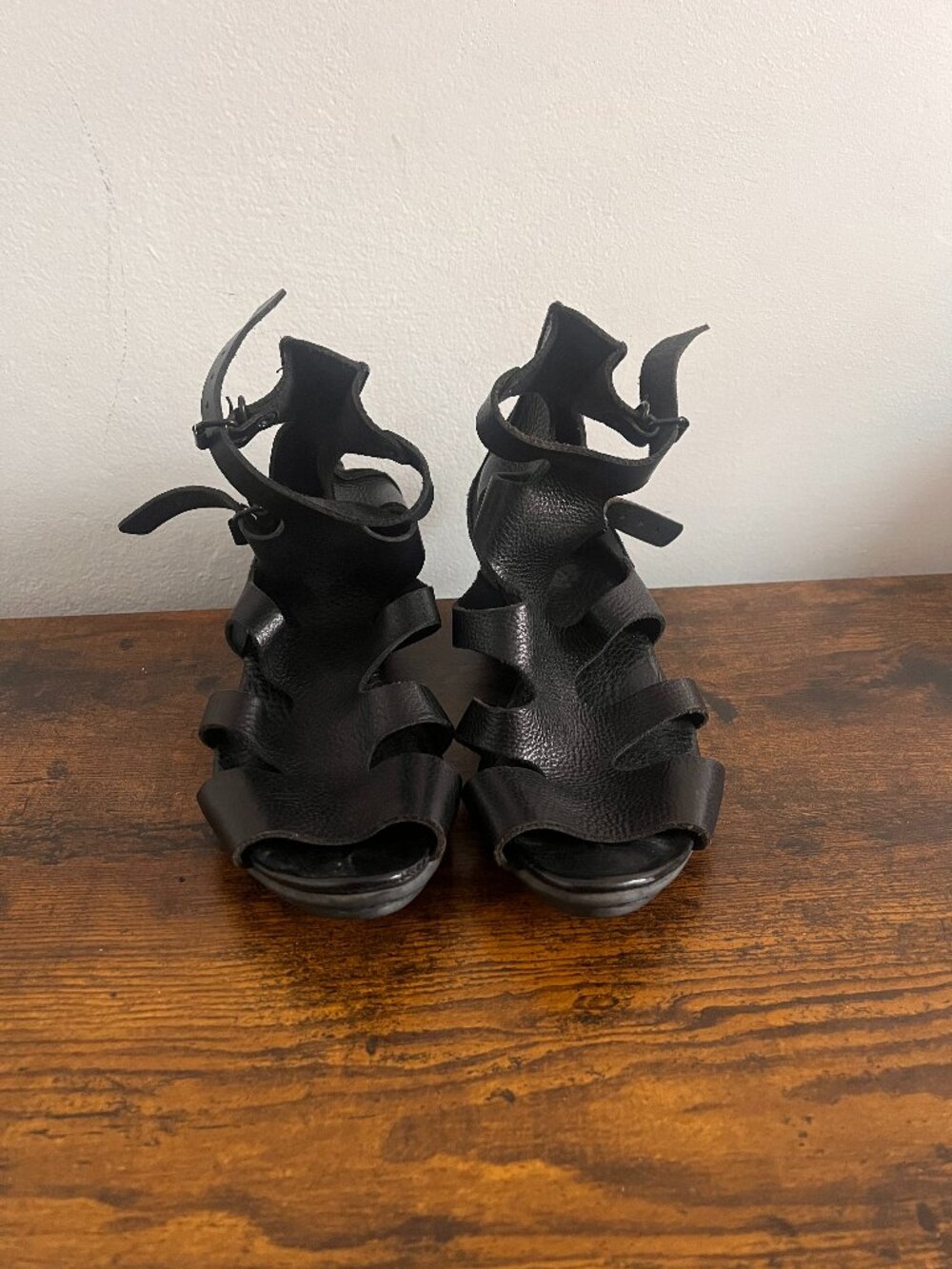 TRIPPEN Black Leather Strappy Kitten Heels